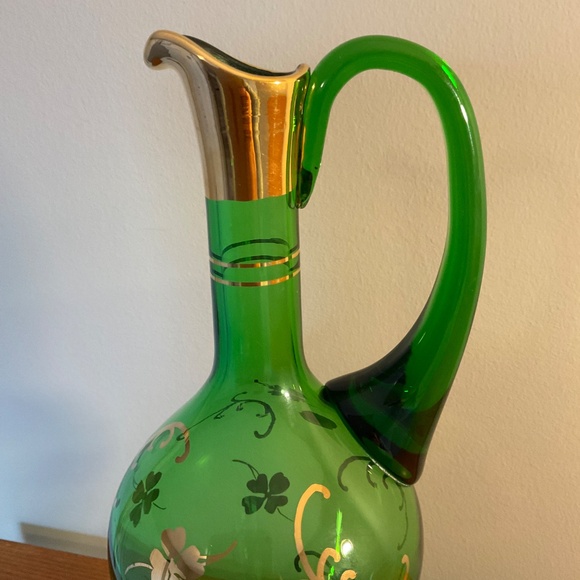 Vintage Bohemia Glass Green and Gold Four-leaf Clover Decanter - Czechoslovakia - Picture 8 of 16
